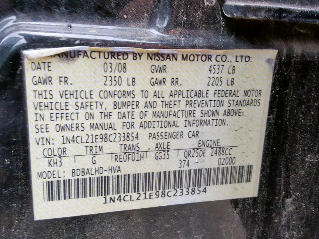 1N4CL21E98C233854 - 2008 NISSAN ALTIMA HYB BLACK photo 10