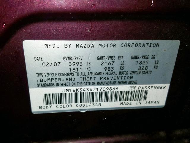 JM1BK343471709866 - 2007 MAZDA 3 HATCHBAC PURPLE photo 10