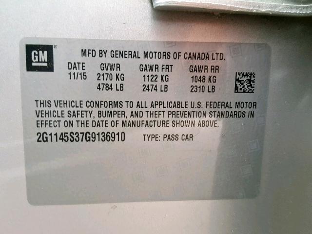 2G1145S37G9136910 - 2016 CHEVROLET IMPALA LTZ SILVER photo 10