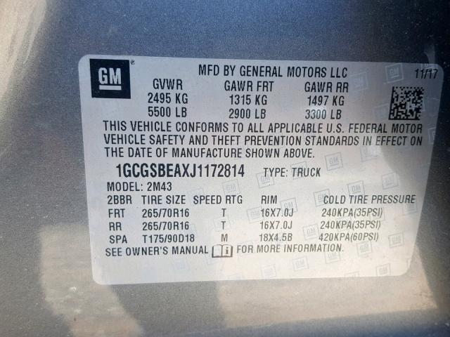 1GCGSBEAXJ1172814 - 2018 CHEVROLET COLORADO SILVER photo 10