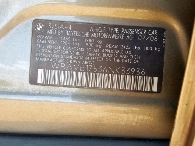 WBAVB17536NK33936 - 2006 BMW 325 I AUTO TAN photo 10