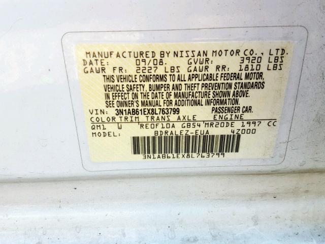 3N1AB61EX8L763799 - 2008 NISSAN SENTRA 2.0 WHITE photo 10