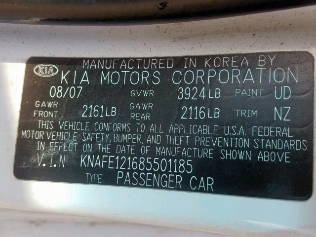 KNAFE121685501185 - 2008 KIA SPECTRA EX WHITE photo 10