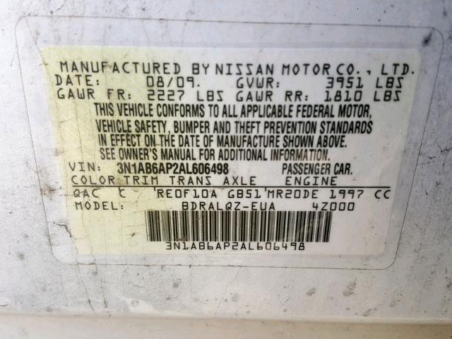 3N1AB6AP2AL606498 - 2010 NISSAN SENTRA 2.0 WHITE photo 10