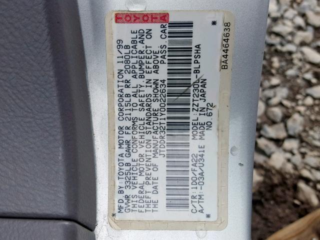 JTDDR32T1Y0022634 - 2000 TOYOTA CELICA GT GRAY photo 10