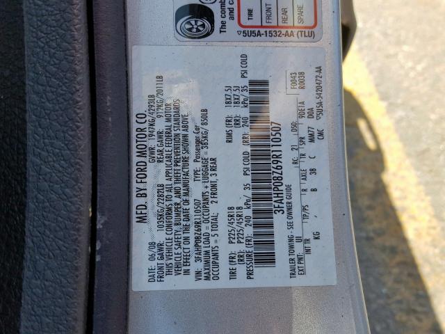 3FAHP08Z69R110507 - 2009 FORD FUSION SEL SILVER photo 10