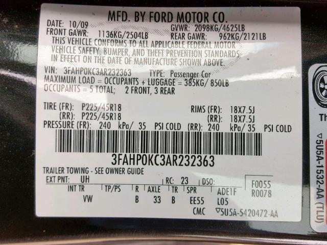 3FAHP0KC3AR232363 - 2010 FORD FUSION SPO BLACK photo 10