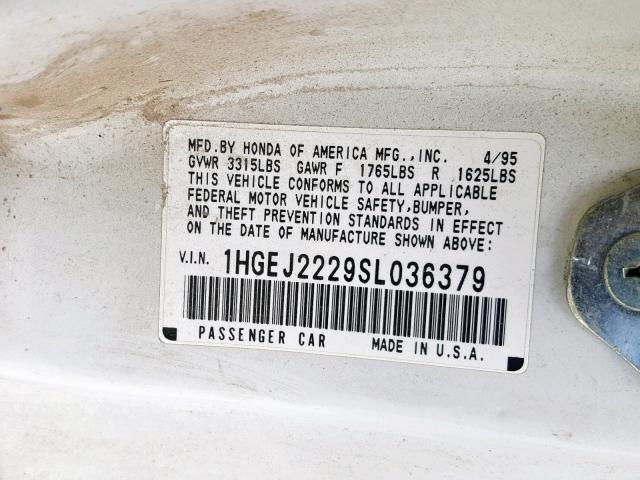 1HGEJ2229SL036379 - 1995 HONDA CIVIC DX WHITE photo 10