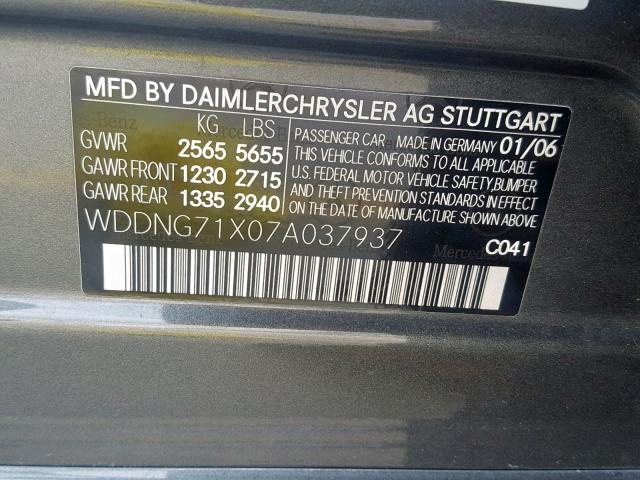 WDDNG71X07A037937 - 2007 MERCEDES-BENZ S 550 GRAY photo 10