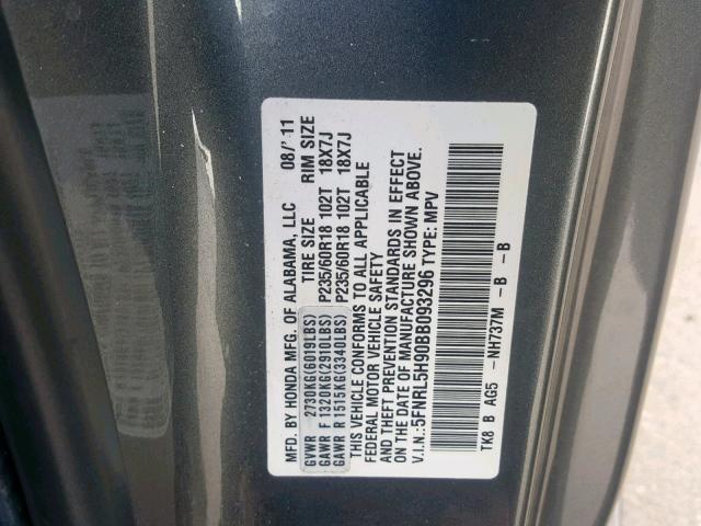 5FNRL5H90BB093296 - 2011 HONDA ODYSSEY TO GRAY photo 10