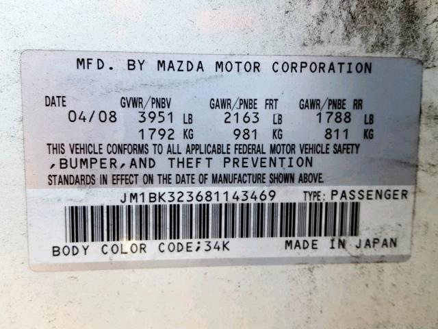 JM1BK323681143469 - 2008 MAZDA 3 S WHITE photo 10