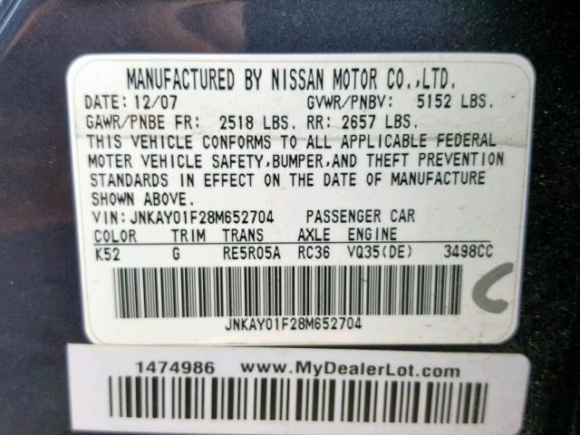 JNKAY01F28M652704 - 2008 INFINITI M35 BASE BLUE photo 10