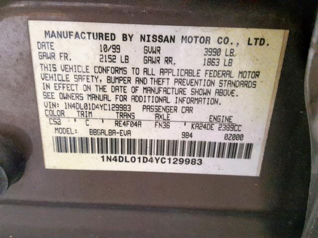 1N4DL01D4YC129983 - 2000 NISSAN ALTIMA XE BEIGE photo 10