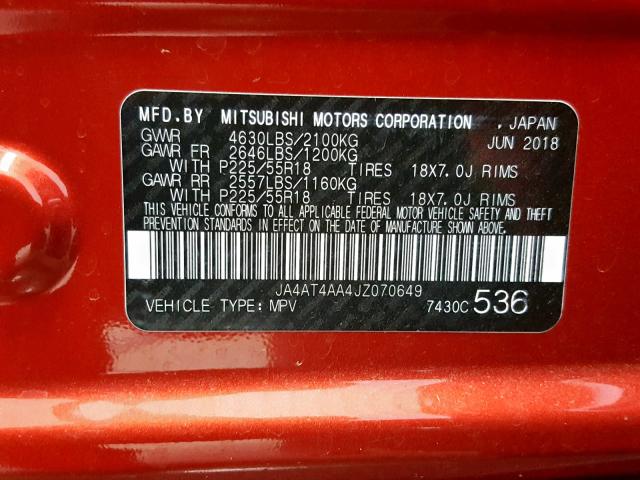 JA4AT4AA4JZ070649 - 2018 MITSUBISHI ECLIPSE CR RED photo 10