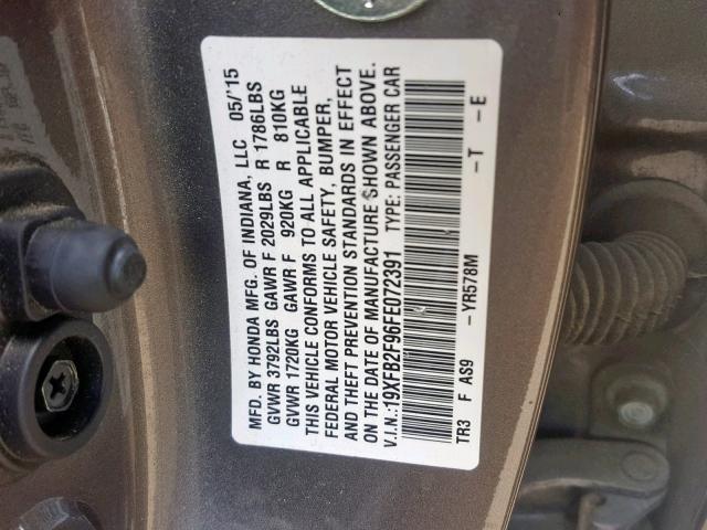 19XFB2F96FE072391 - 2015 HONDA CIVIC EXL BROWN photo 10