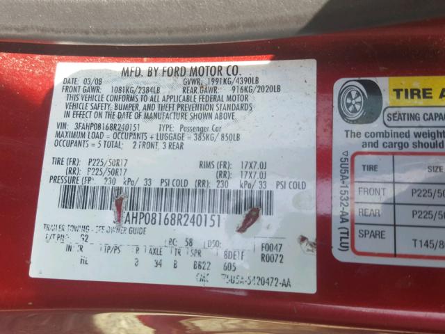 3FAHP08168R240151 - 2008 FORD FUSION SEL RED photo 10