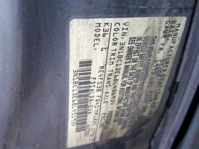 3N1BC13E68L451934 - 2008 NISSAN VERSA S GRAY photo 10