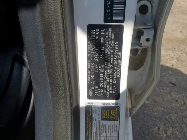 KNADM4A35G6689995 - 2016 KIA RIO LX WHITE photo 10