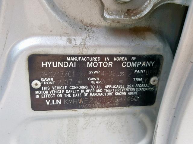 KMHWF25S32A597460 - 2002 HYUNDAI SONATA GL SILVER photo 10