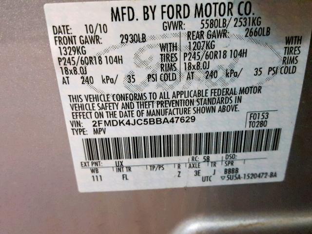 2FMDK4JC5BBA47629 - 2011 FORD EDGE SEL SILVER photo 10