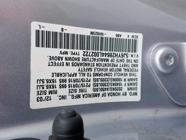 5J6YH28644L002722 - 2004 HONDA ELEMENT EX SILVER photo 10