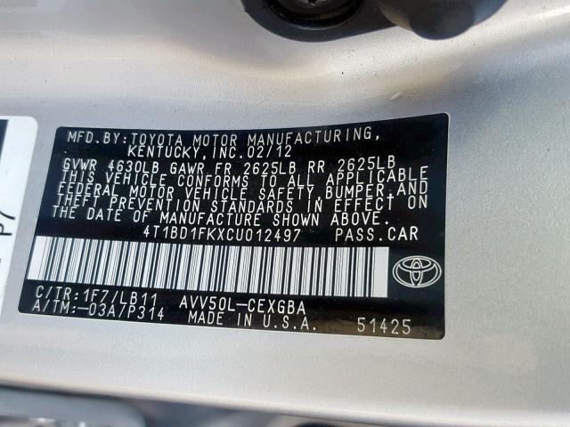 4T1BD1FKXCU012497 - 2012 TOYOTA CAMRY HYBR SILVER photo 10