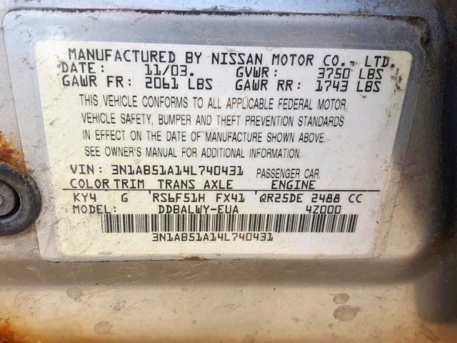 3N1AB51A14L740431 - 2004 NISSAN SENTRA 2.5 SILVER photo 10