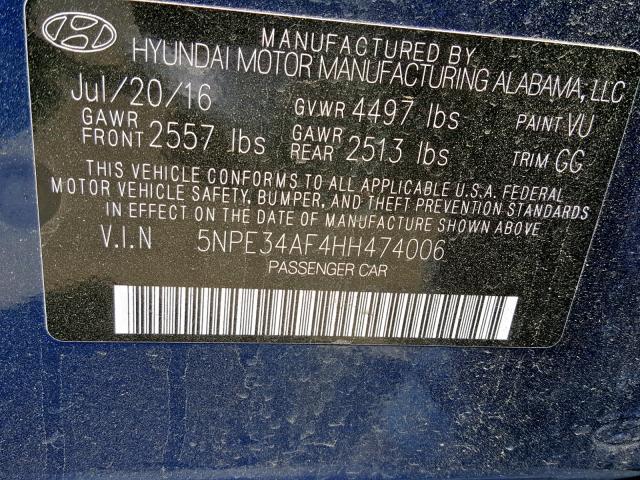 5NPE34AF4HH474006 - 2017 HYUNDAI SONATA SPO BLUE photo 10