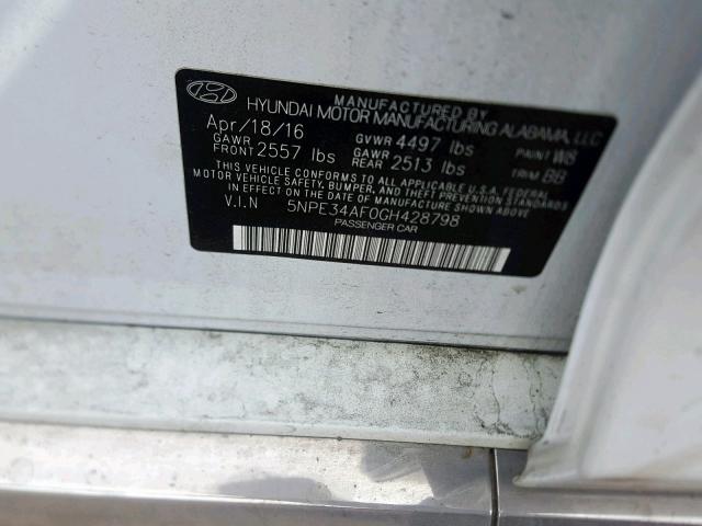 5NPE34AF0GH428798 - 2016 HYUNDAI SONATA SPO WHITE photo 10