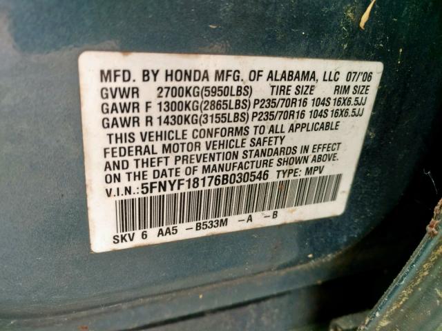 5FNYF18176B030546 - 2006 HONDA PILOT LX BLUE photo 10