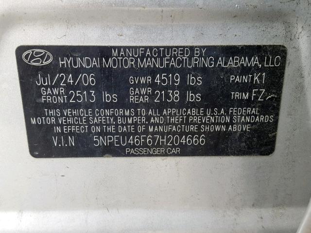 5NPEU46F67H204666 - 2007 HYUNDAI SONATA SILVER photo 10