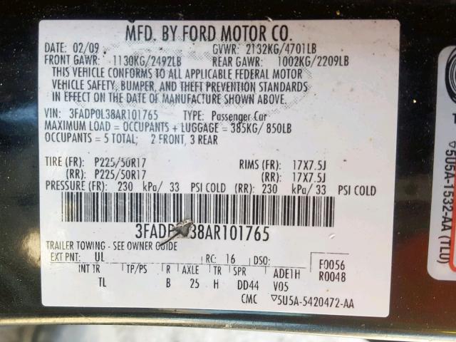 3FADP0L38AR101765 - 2010 FORD FUSION HYB BLACK photo 10