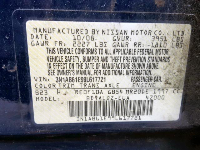 3N1AB61E99L617721 - 2009 NISSAN SENTRA 2.0 BLUE photo 10