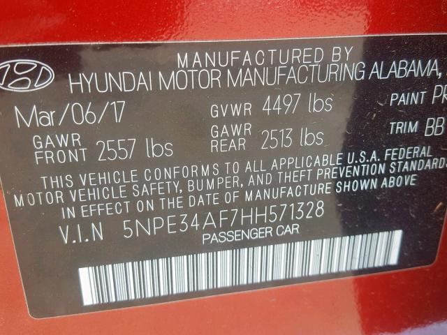 5NPE34AF7HH571328 - 2017 HYUNDAI SONATA SPO RED photo 10