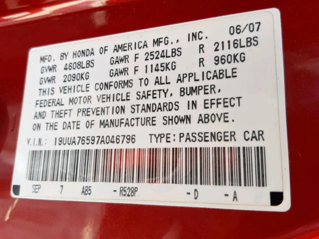 19UUA76597A046796 - 2007 ACURA TL TYPE S RED photo 10