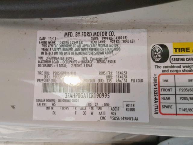 3FAHP0GA1CR190995 - 2012 FORD FUSION S WHITE photo 10