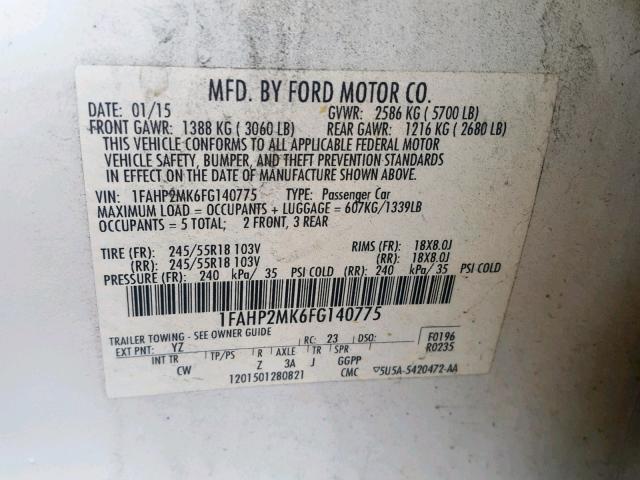 1FAHP2MK6FG140775 - 2015 FORD TAURUS POL WHITE photo 10