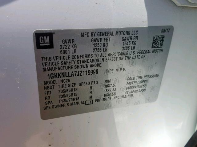 1GKKNLLA7JZ119990 - 2018 GMC ACADIA SLE WHITE photo 10