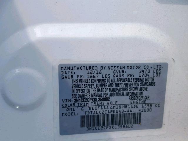 3N1CE2CPXKL358802 - 2019 NISSAN VERSA NOTE WHITE photo 10