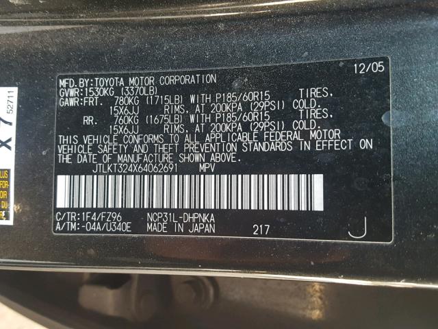 JTLKT324X64062691 - 2006 TOYOTA SCION XB 银色 照片 10