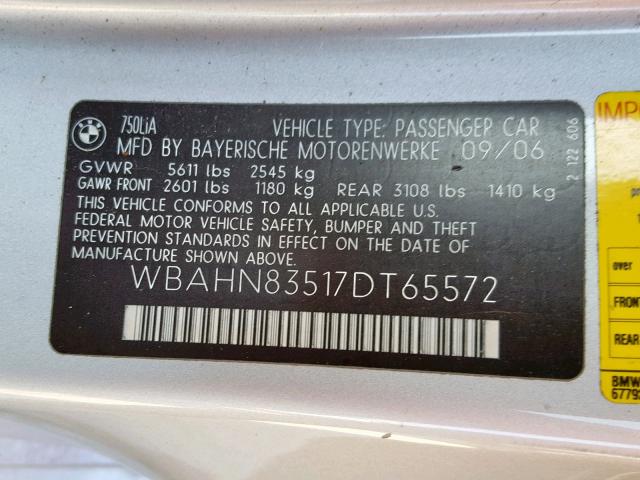 WBAHN83517DT65572 - 2007 BMW 750 SILVER photo 10