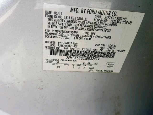 2FMGK5B80EBD32479 - 2014 FORD FLEX SE SILVER photo 10