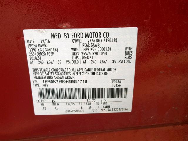 1FM5K7F80HGB81718 - 2017 FORD EXPLORER L RED photo 10