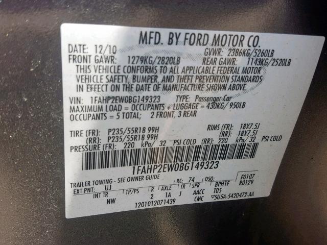 1FAHP2EW0BG149323 - 2011 FORD TAURUS SEL GRAY photo 10