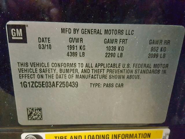 1G1ZC5E03AF250439 - 2010 CHEVROLET MALIBU 1LT 黑色 照片 10