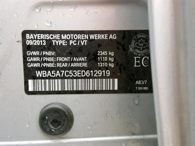 WBA5A7C53ED612919 - 2014 BMW 528 XI SILVER photo 10