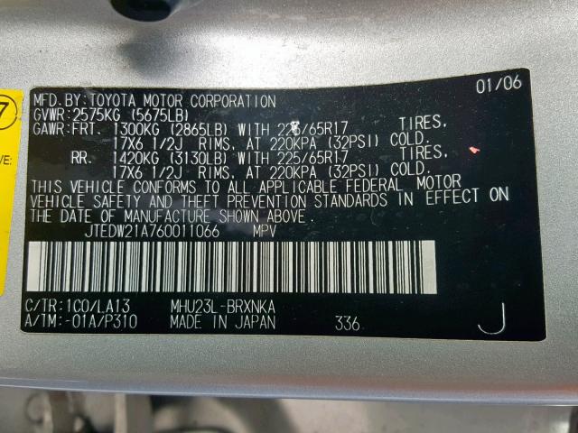 JTEDW21A760011066 - 2006 TOYOTA HIGHLANDER SILVER photo 10