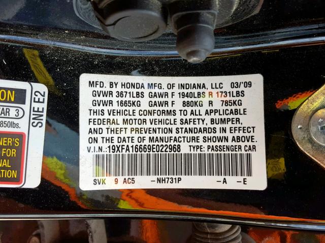 19XFA16669E022968 - 2009 HONDA CIVIC LX-S BLACK photo 10