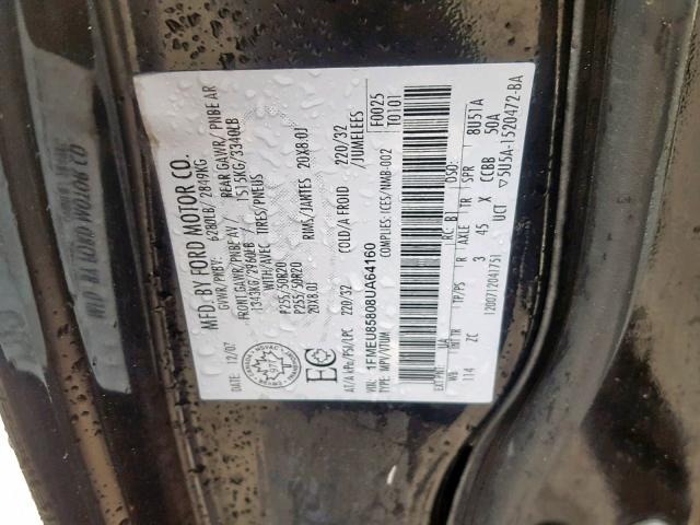 1FMEU85808UA64160 - 2008 FORD EXPLORER L BLACK photo 10