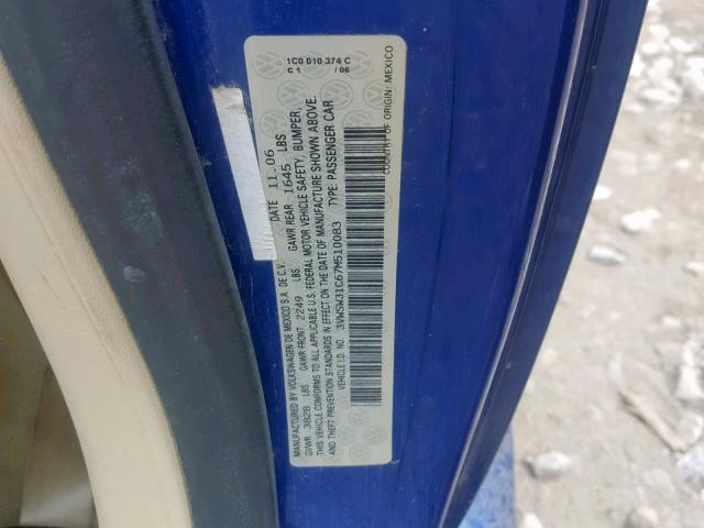 3VWSW31C67M510083 - 2007 VOLKSWAGEN NEW BEETLE 蓝色 照片 10